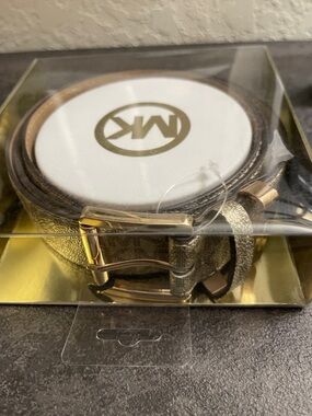 Michael Kors Gold Monogram Leather Belt with Logo Buckle